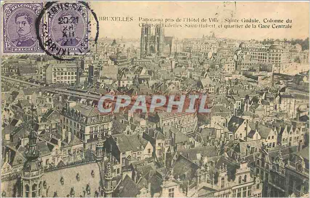 Bruxelles — Panorama pris de l'Hôtel de Ville, Sainte-Gudule, Galeries Saint-Hubert et quartier de la Gare Centrale — éditeur non identifié - Recto