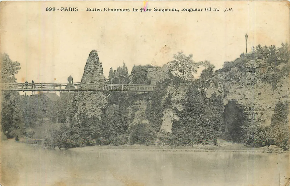 Paris - Buttes Chaumont. Le Pont Suspendu, longueur 63 m. - J.H. - Recto