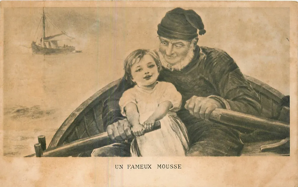 Un Fameux Mousse — Un pêcheur et un enfant dans un bateau — éditeur non visible - Recto