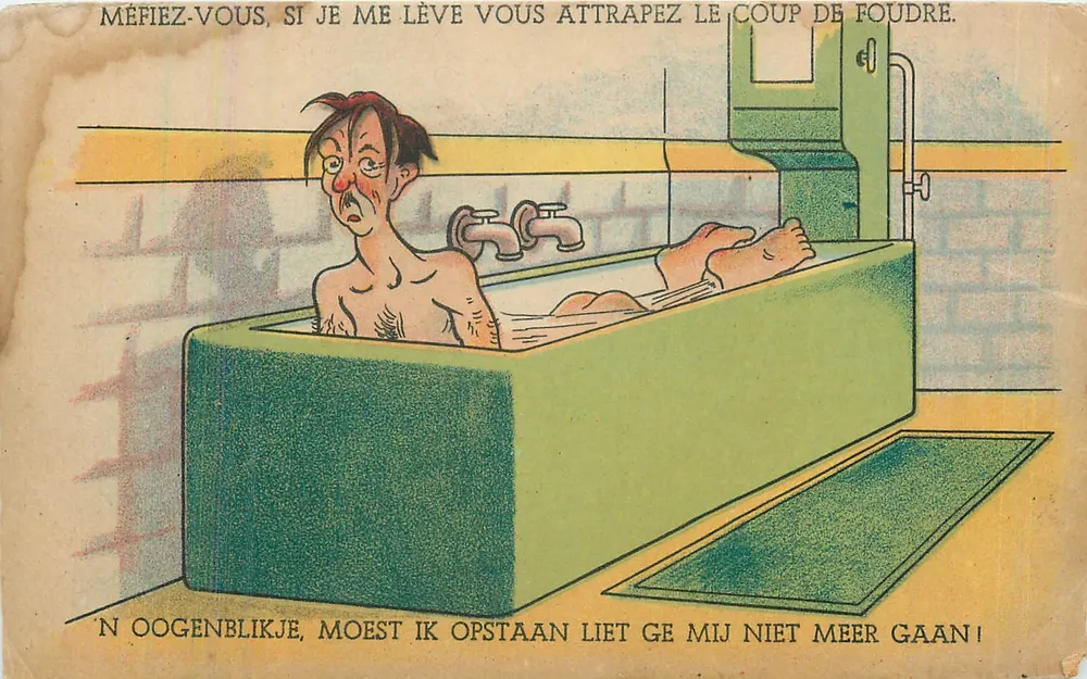 Humoristische Ansichtskarte — Mann in der Badewanne bedrohend — Nr. 36 - Vorderseite