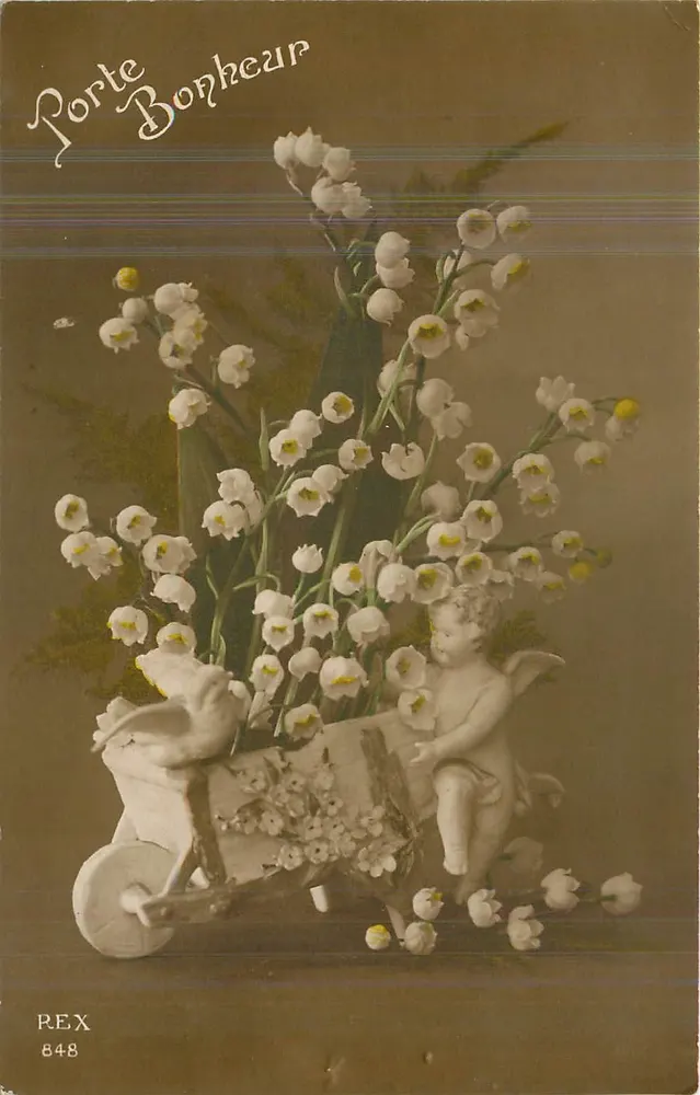 Muguet — em um carrinho escultor com um anjo — editor REX, n° 848 - Frente