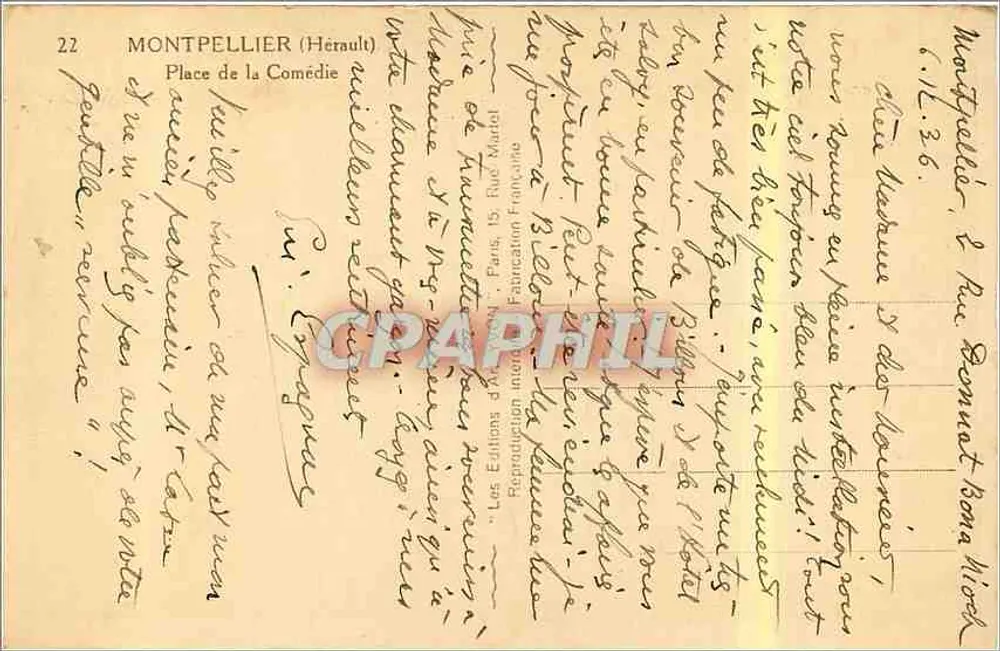 Montpellier (Hérault) — Place de la Comédie — Éditions d'Art Française - Verso