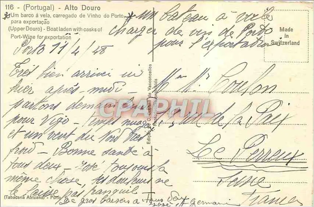 Alto Douro (Upper Douro) — bateau à voile chargé de vin de Porto — editore Tabacaria Africana, n°116 - Verso