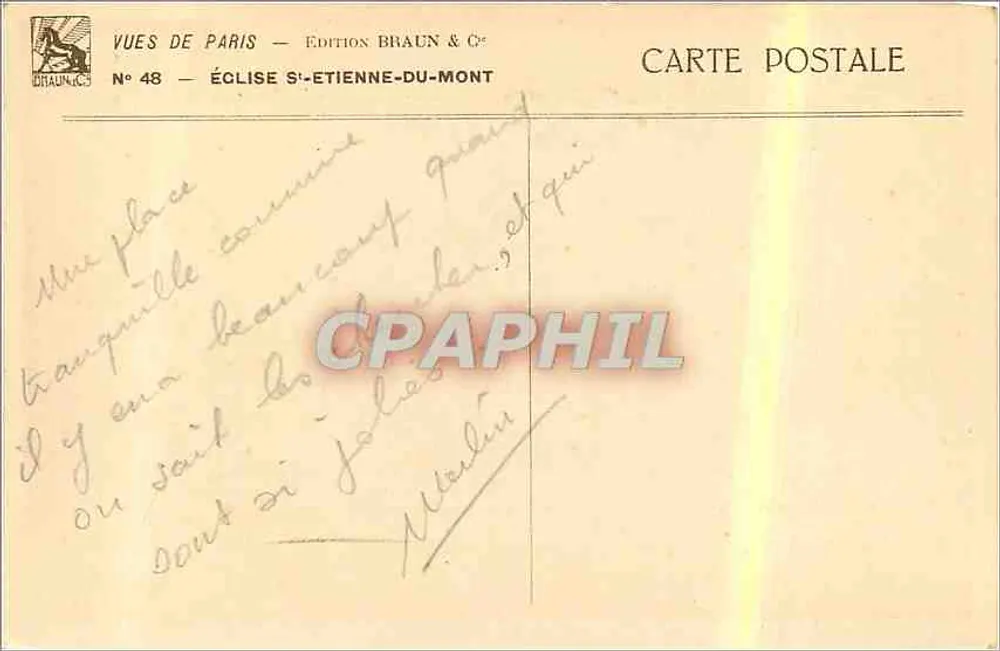 Église Saint-Étienne-du-Mont — Place des Écoles — Édition Braun & Cie, N° 48 - Verso