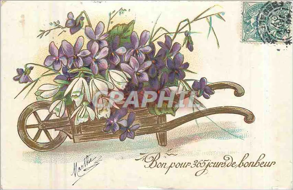 Violetas en un carretón — Válido para 365 días de felicidad — editor Marthe - Anverso