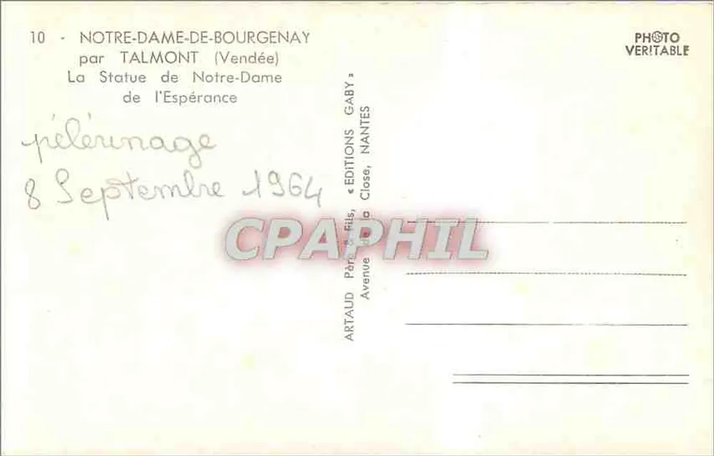 Notre-Dame de l'Espérance — Statue de pèlerinage à Bourgenay — Éditions Gaby, Nantes - Verso