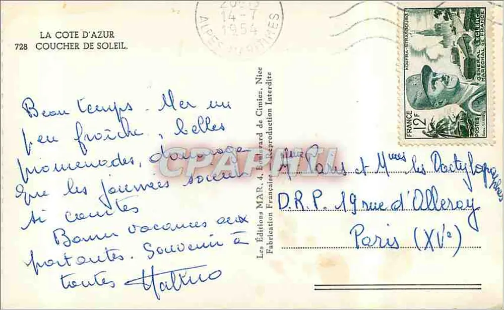 Côte d'Azur — Pôr do Sol — Éditions Françaises, n° 108 - Verso