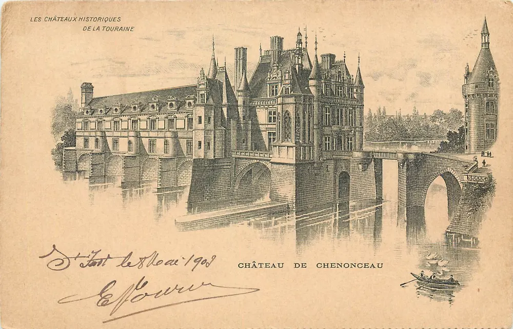 Château de Chenonceau — vue sur la Loire avec un bateau — Édition des Magasins de l'Amiral Courbet - Recto