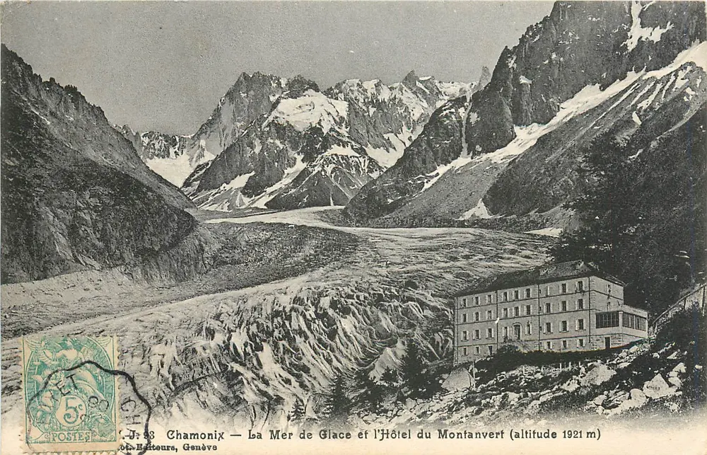 Chamonix — La Mer de Glace et l'Hôtel du Montanvert (altitude 1921 m) — Éditeur : J. 88, Hauteurs, Genève - Recto