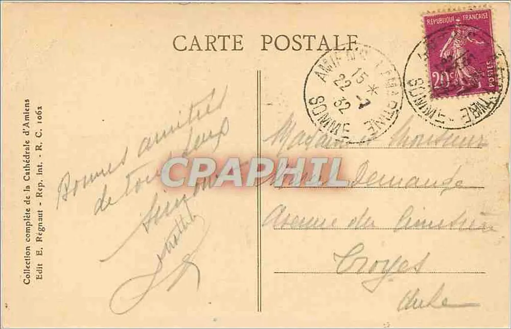 Catedral de AMIENS, vista do Campanário — Editor: E. Regnaut, n° 1063 - Verso