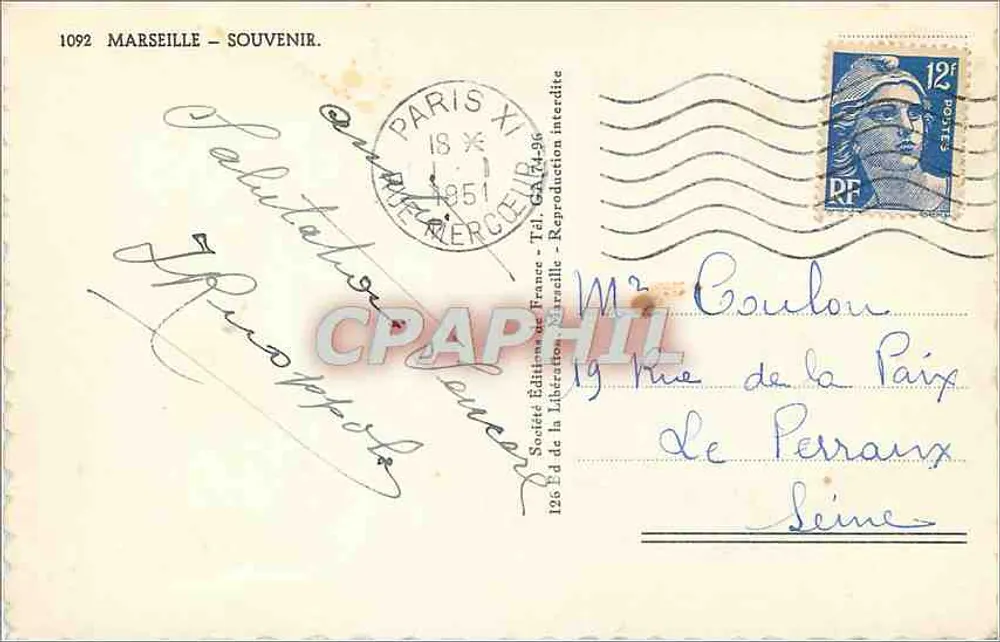Marselha — Vista panorâmica — Éditions de la Libération de France, n° 1092 - Verso