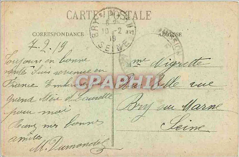 Korrespondenz — 4.2.19 — M. Dumoncel an Mme Digrette, Bry-sur-Marne - Rückseite