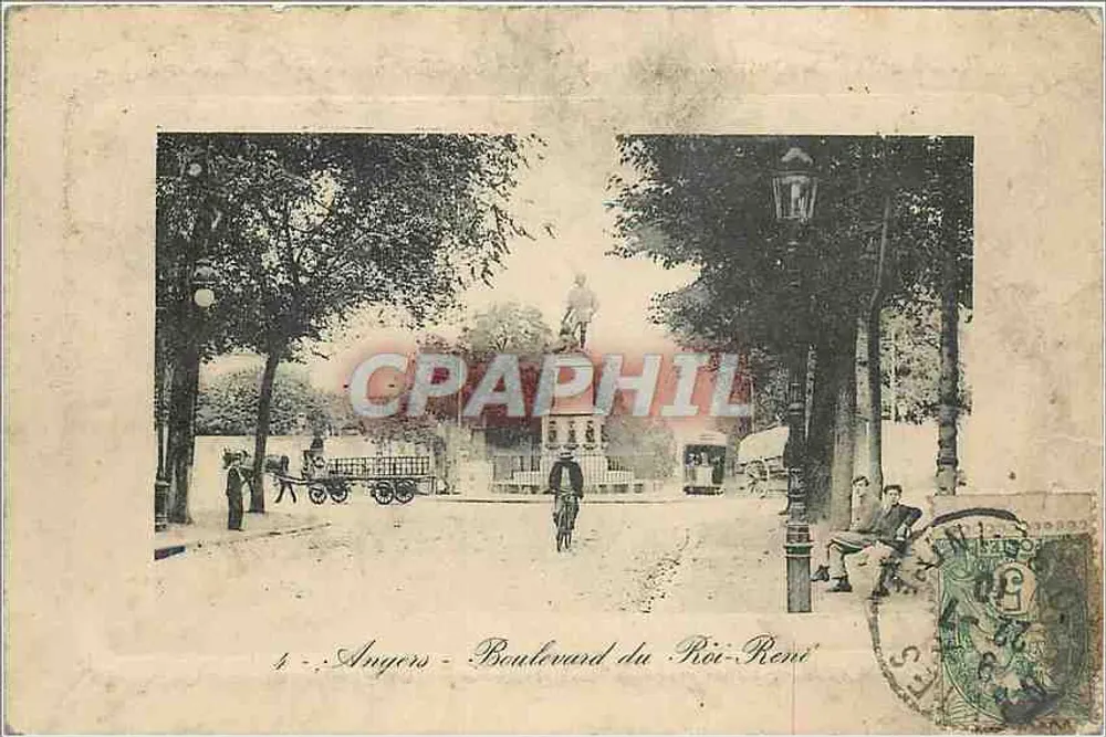 Angers - Boulevard do Rei René — vista com estátua, ciclista e fiacre — editor não visível - Frente