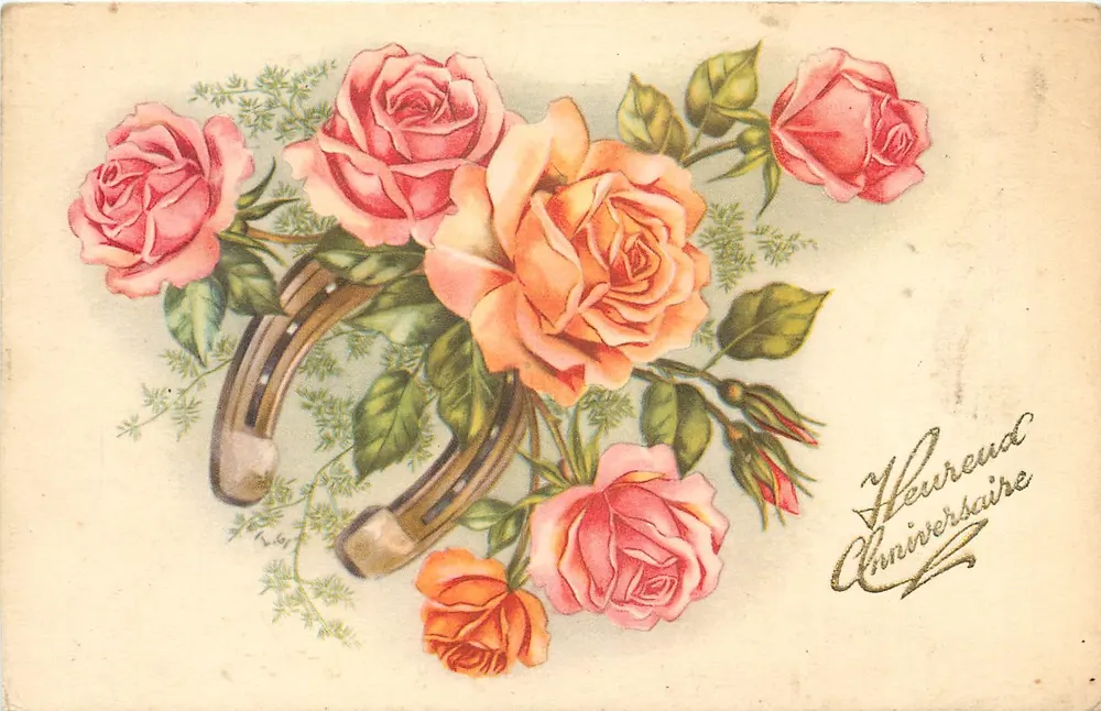 Arranjo de rosas e estribos – Feliz Aniversário – Éditions Univers, Paris, N° 101 - Frente