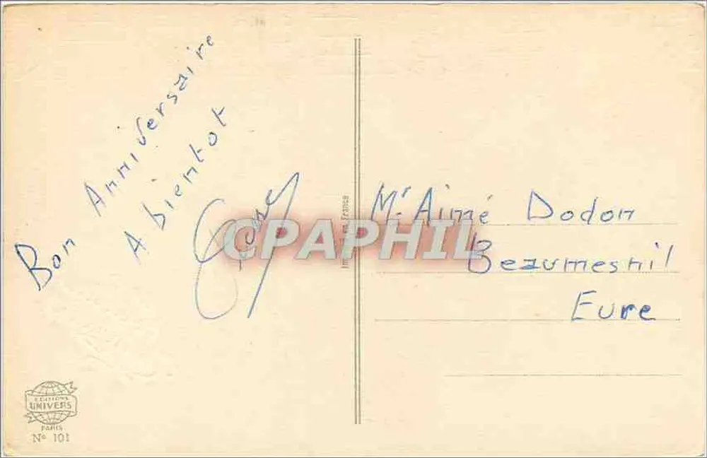 Arranjo de rosas e estribos – Feliz Aniversário – Éditions Univers, Paris, N° 101 - Verso