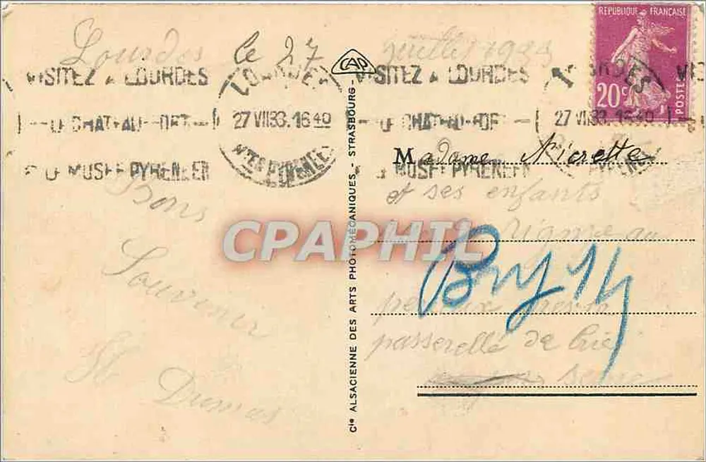 Lourdes - A Basílica e os Pirineus — Bilhete postal antigo n°237, editor - Verso
