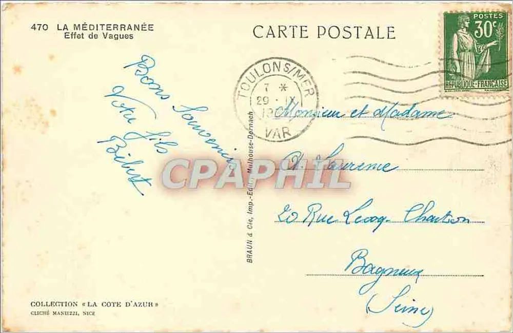 Efeito de Ondas — Coleção « A Costa da Azur » — Braun & Cie, Imp.-Edit. Mulhouse-Dornach - Verso