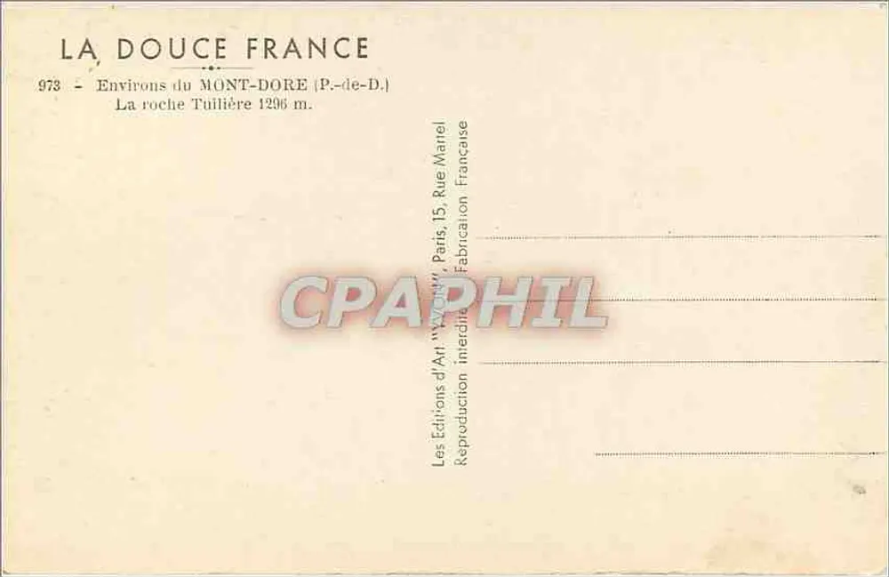 La roche Tuilière — Environ du Mont-Dore — Éditions d'Art 'La Douce France' - Verso