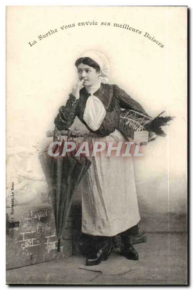 Junge Frau im traditionellen Sarthe-Kleid — Die Sarthe sendet Ihnen ihre besten Grüße — J. Rouvret, Le Nœud - Vorderseite