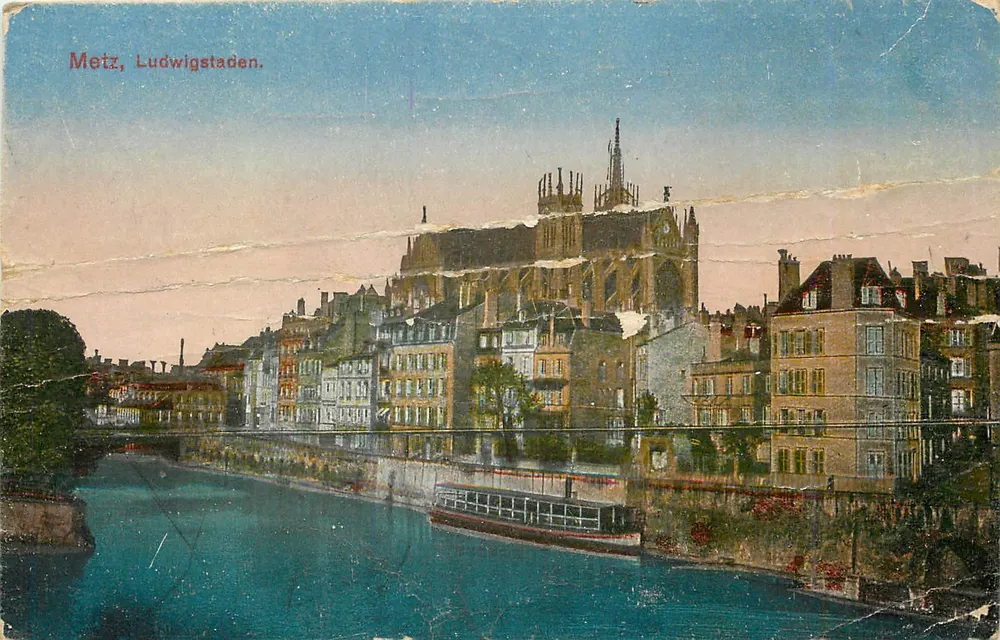 Metz, Ludwigstaden — vue de la cathédrale et du fleuve avec bateau — éditeur Gerhard Blinnen & Co, Frankfurter Straße - Frente