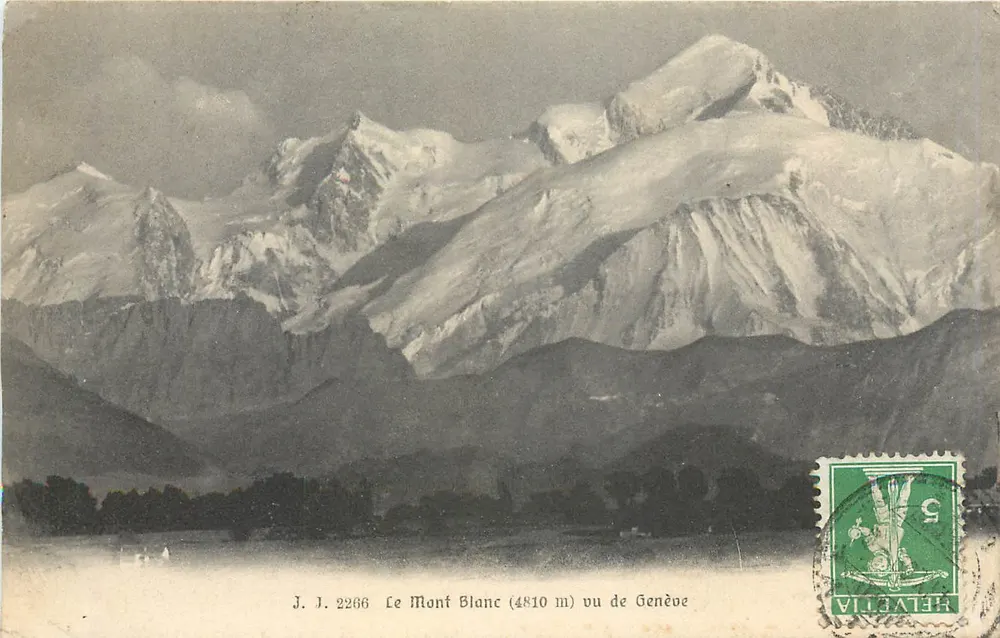 O Mont Blanc (4810 m) visto de Genebra — J. J. 2266 — Julien frères, Phot.-Editeurs, Genebra - Frente