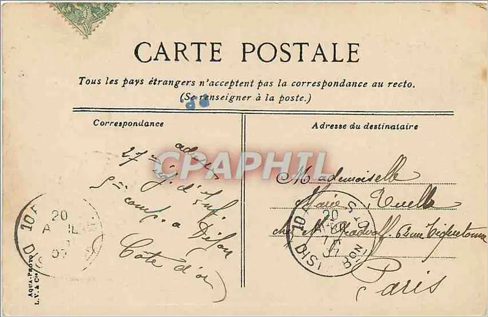 Dijon, Square Darcy — Hôtel de la Cloche — éditeur Postes, n° 425 - Verso
