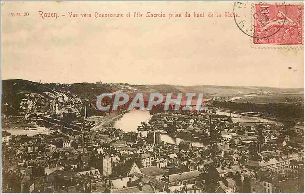 Rouen — Ansicht in Richtung Bonsecours und Insel Lacroix vom Gipfel der Spitze — V.M. 30 - Vorderseite