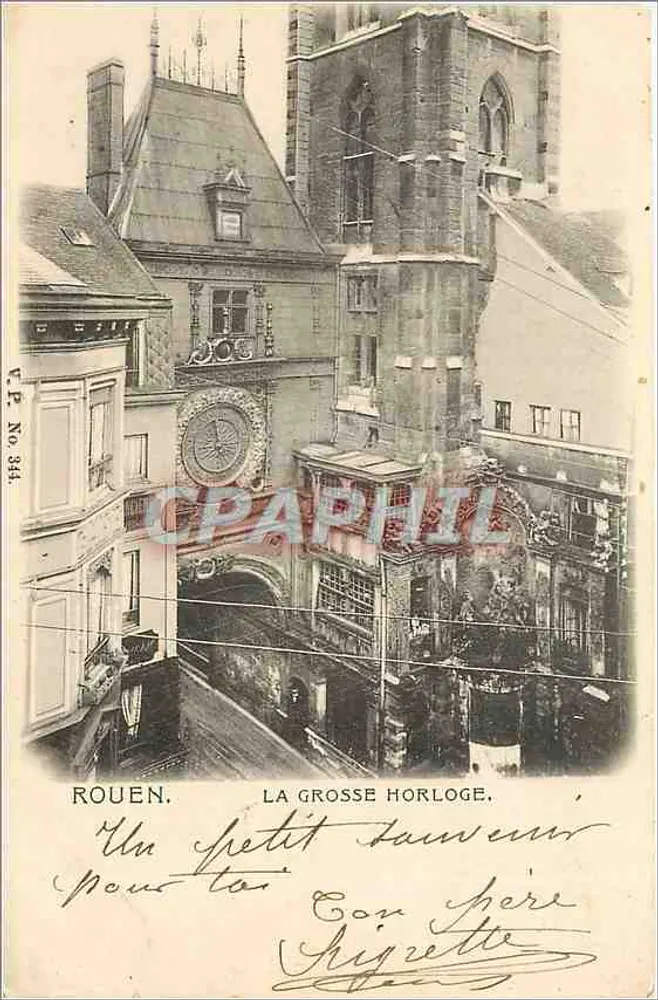 Rouen. A Grande Relógio — Bilhete postal antigo No 344 - Frente