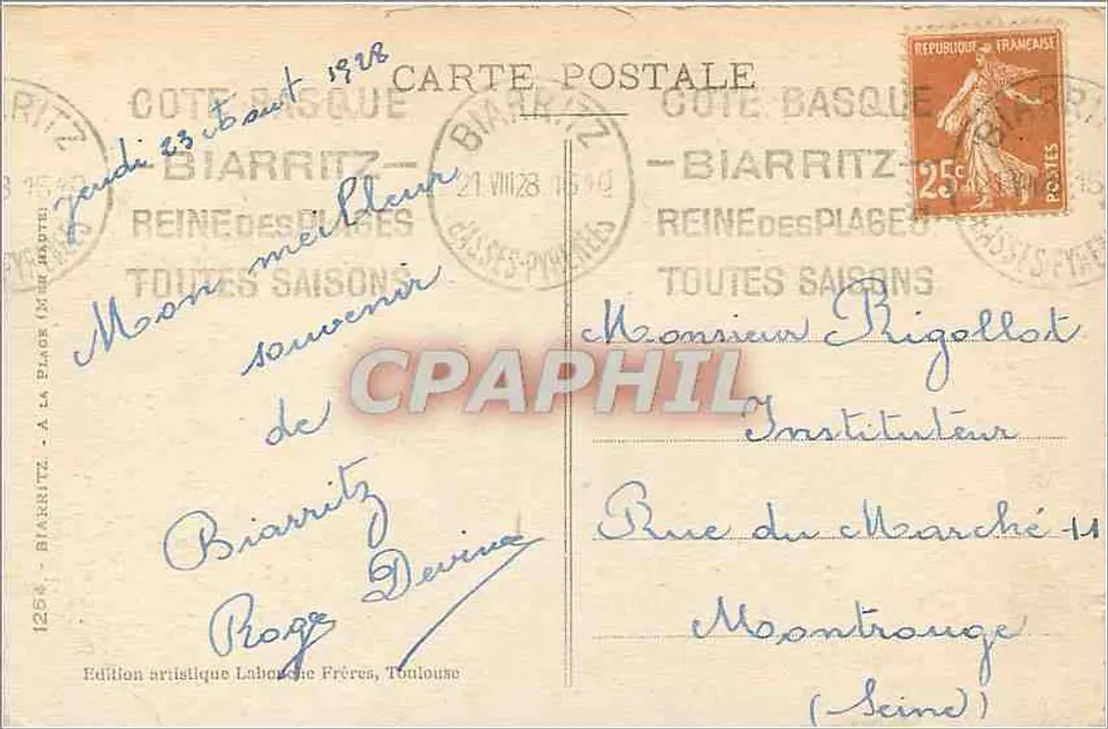 Biarritz — Praia e Grand Hôtel — Edição artística Labourdère, Toulouse - Verso
