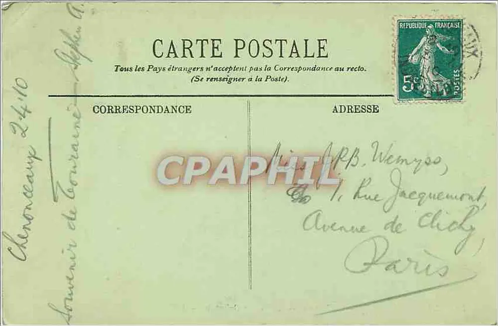 Chenonceaux — O Castelo — A Fachada Oriental — LL. — Editor LL. — N° 12 - Verso