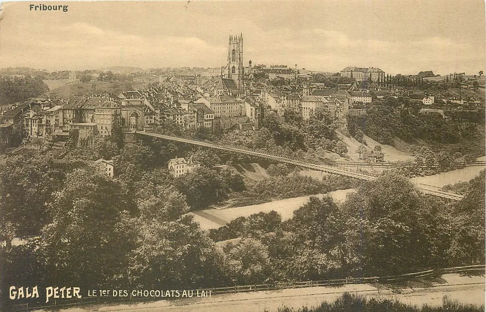 Fribourg — Panoramablick mit der Kathedrale — Gala Peter, n° 1er des chocolats au lait - Vorderseite