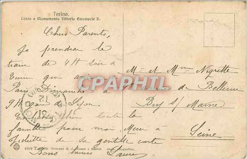 विटोरियो एमानुएले II प्लेस — टोरिनो — प्रकाशक ब्राउनर & जे. कोमो, ज़ुरिख़, संख्या 4689 - पीछे