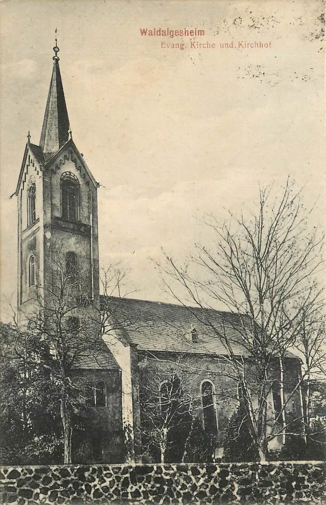 Waldalgesheim — Iglesia protestante y presbiterio — Verlag von C. Jacobs, Waldalgesheim - Anverso