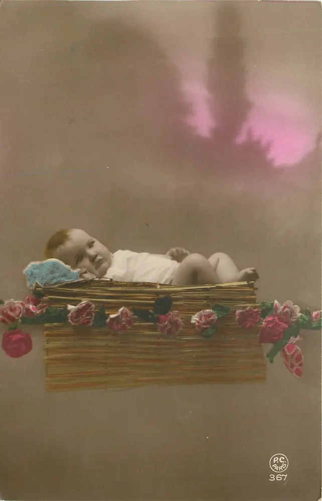 Bebê em um cesto decorado com rosas — PC 367 — Editora PC - Frente