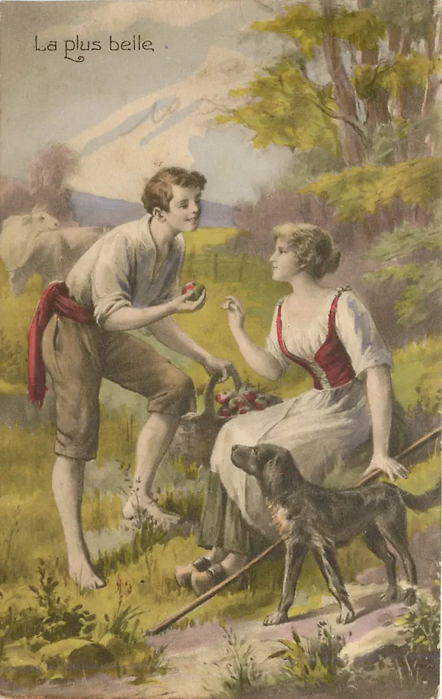 Jovem homem oferecendo uma maçã a uma jovem mulher — A mais bela — Luxographia, série N° 4.4 - Frente