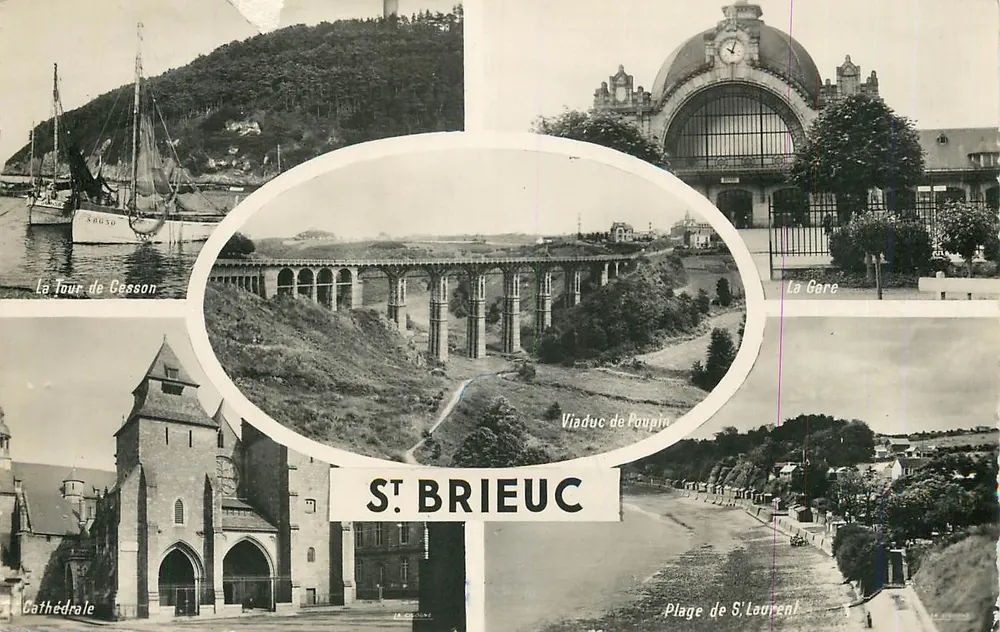 Saint-Brieuc — Vista panorâmica com a catedral, o viaduto do Ourin, a estação e a praia de Saint-Laurent — Editor: Edições da Cigana, Rennes - Frente