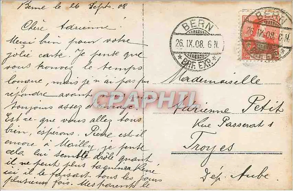 Promenade en forêt — Bern, Suisse — carte postale datée 26 septembre 1908 - Verso