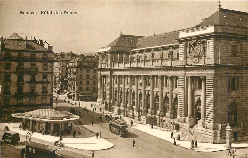 Genebra, Hotel das Correios — vista do edifício com trem — Phototype Co., Neuchâtel - Frente