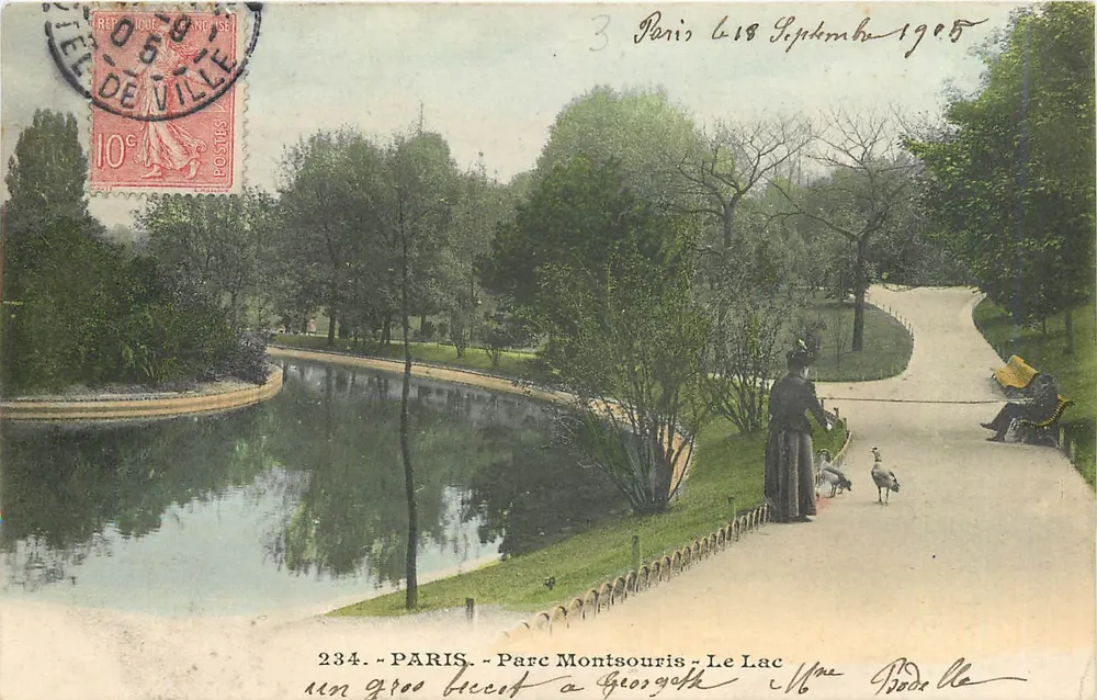 Paris - Parque Montsouris - O Lago — uma mulher com patos — editor: Paris, n° 234 - Frente