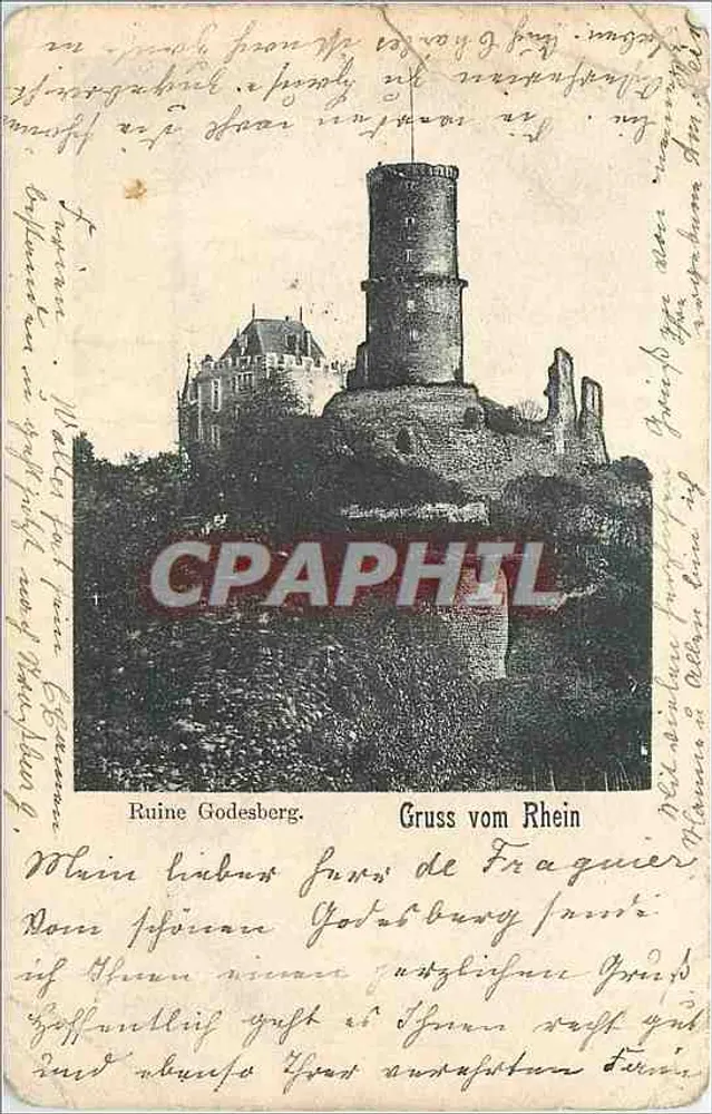Ruine Godesberg — vue du château en ruine sur le Rhin — éditeur non visible - Frente