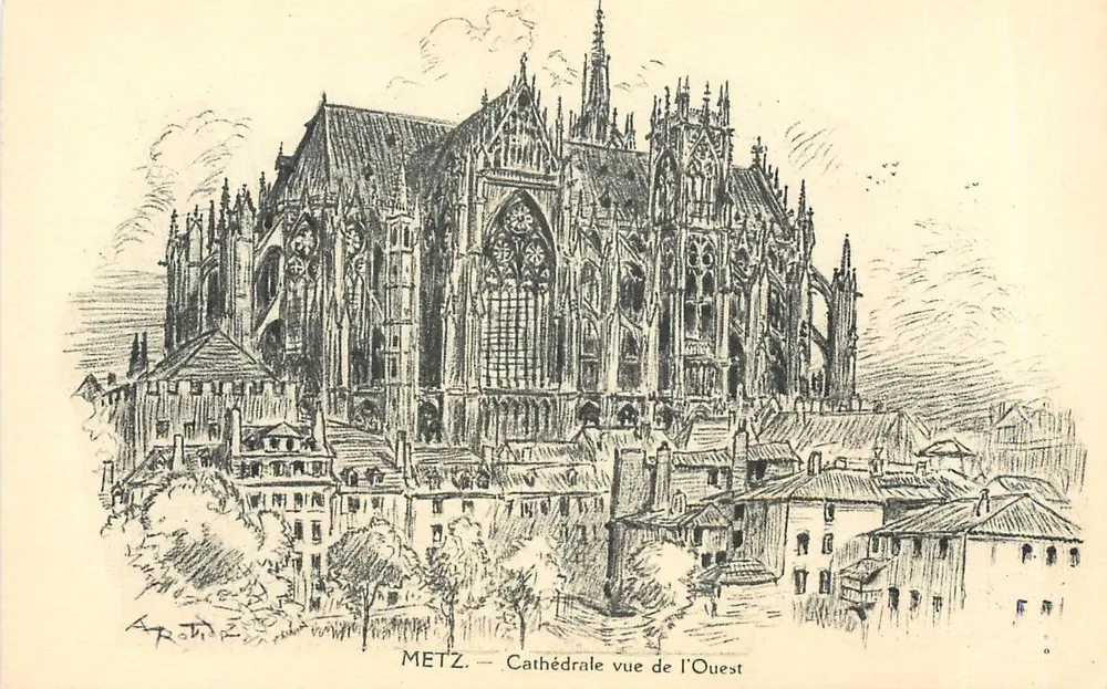 Metz — Cathédrale vue de l'Ouest — dessin d'après A. Rotz - Recto