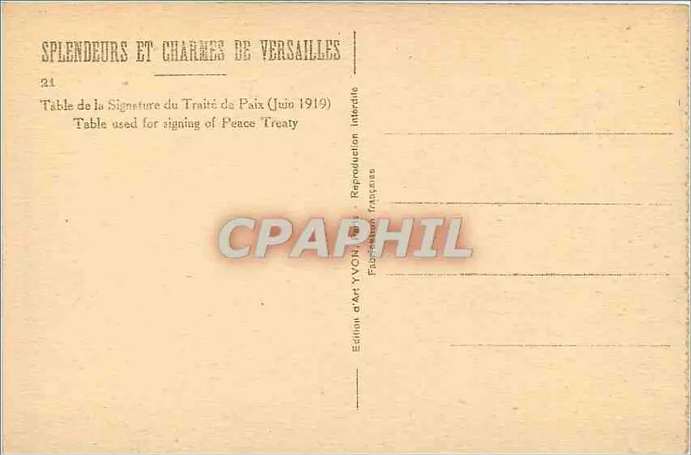 Salle de la Signature du Traité de Paix — Versailles — Édition d'Art YVON, n°21 - Verso