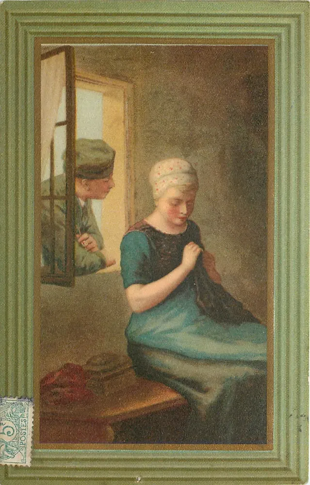 Mulher costurando na janela — homem olhando pela janela — editor A. Neuhuys, n°640 - Frente