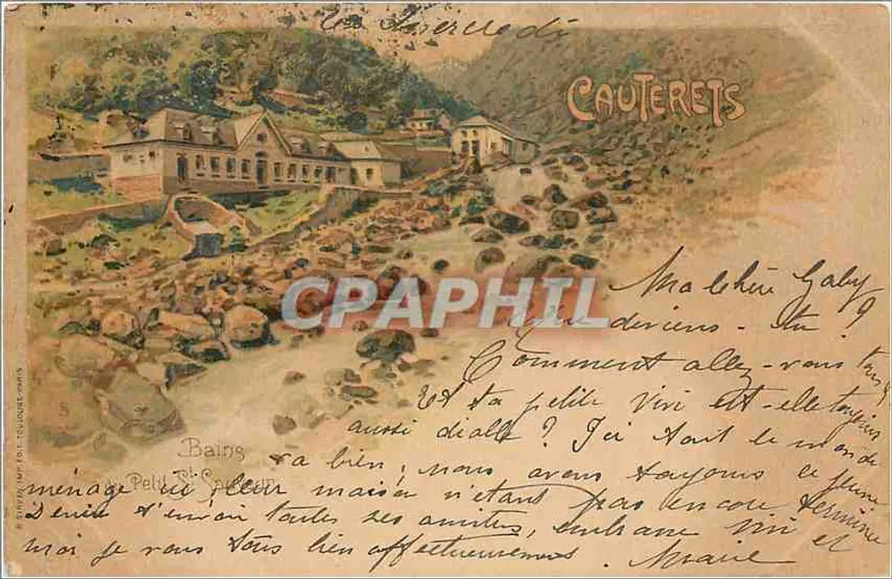 Les Bains de Cauterets — vista dos banhos e do paisagem — editor Petit & Cie, n°5 - Frente