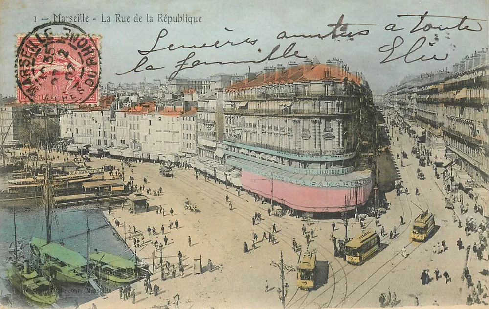 Marselha - A Rue de la République — vista panorâmica com trêm e quai — editor desconhecido, n°1 - Frente