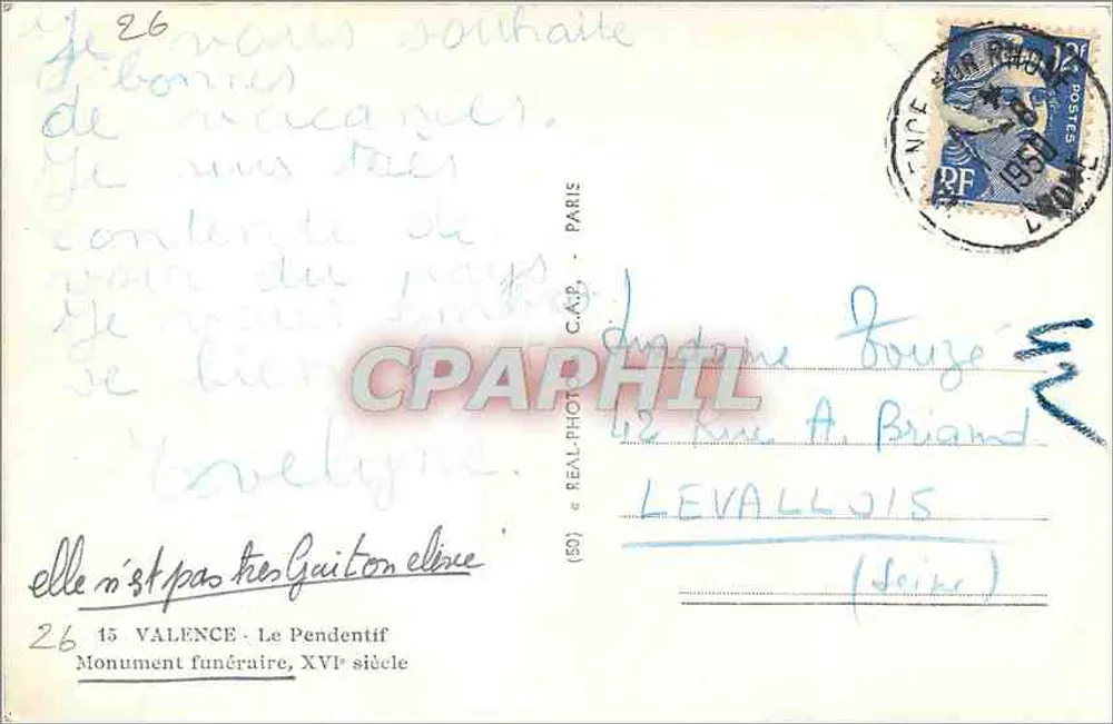 Valência - O Pendentif — Monumento funerário, século XVI — Bilhete postal antigo (série 26) - Verso