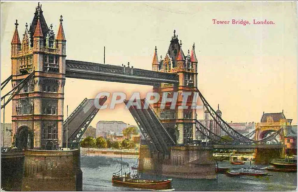 Tower Bridge, Londres — vista do ponte levadiça com barco — editor não identificado, n° de série 6 - Frente