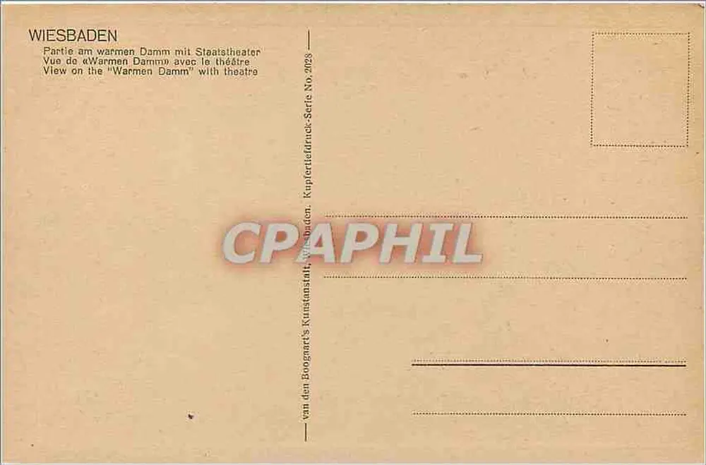Wiesbaden — Teil des Warmen Damm mit Staats剧院 — Kupferstichdruck-Serie, Wiesbaden - Rückseite