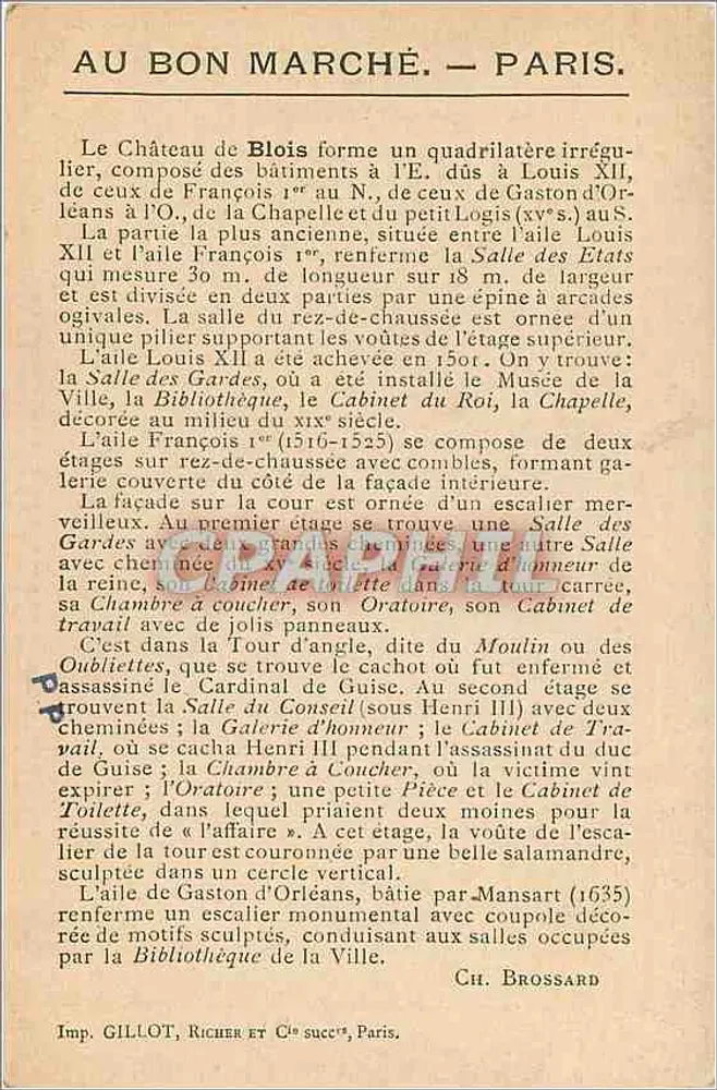 Castelo de Blois — Ala conhecida como de Luís XII — Au Bon Marché. — Paris. - Verso