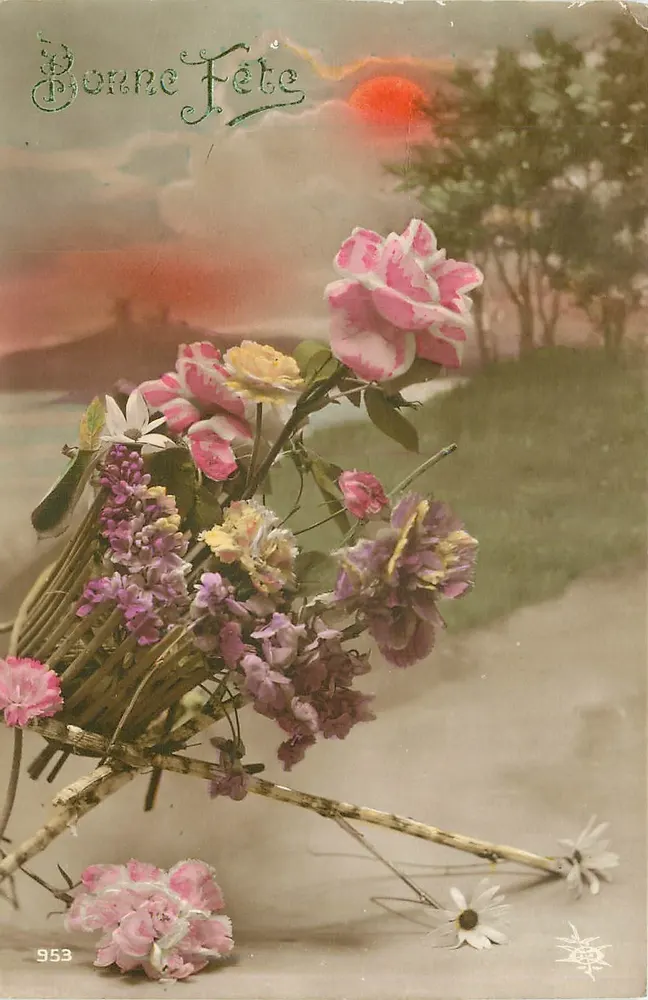 Flower Bouquet — Sunset Scene — Publisher Unknown, No. 953 - Front